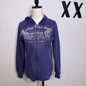 Vintage Y2K Harley Davidson Zip Up Hoodie Sweatshirt Flames Angel Wings Logo M